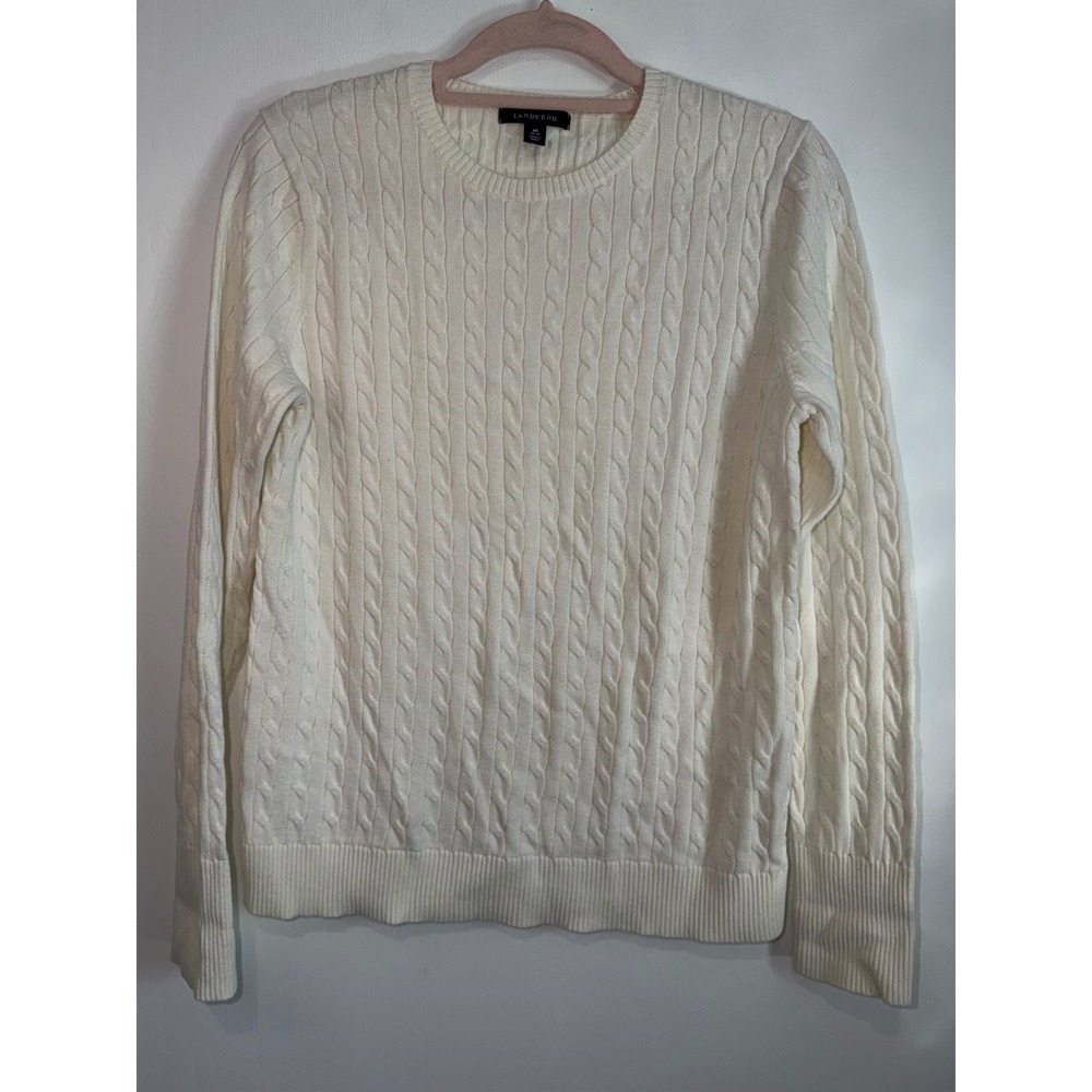 Lands End Ivory White Cable Knit Cotton Crew Neck Sweater Medium 10-12 Old Money